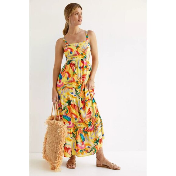 FARM Rio Dresses & Skirts - Farm Rio Yellow Textured Tropical Floral Swiss Dot Tiered Maxi Dress Medium